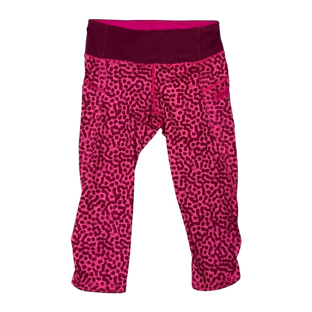 Lululemon Run Top Speed Crop Leggings Magenta Ace Spot Size 4 Ruched Capri